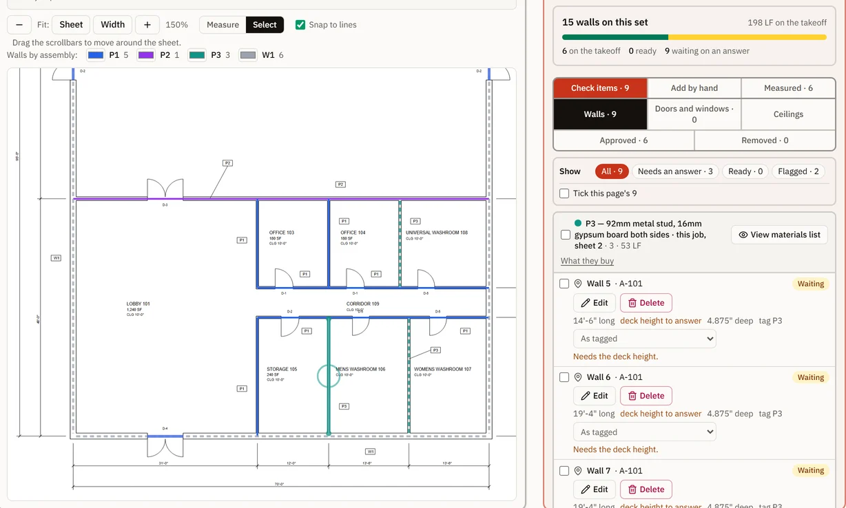 PreConstruct AI's Measure screen on its built-in sample drawing set: a floor plan with each wall outlined in the colour of its wall type, and beside it the table of walls, six on the takeoff and three waiting for the deck height to be typed.