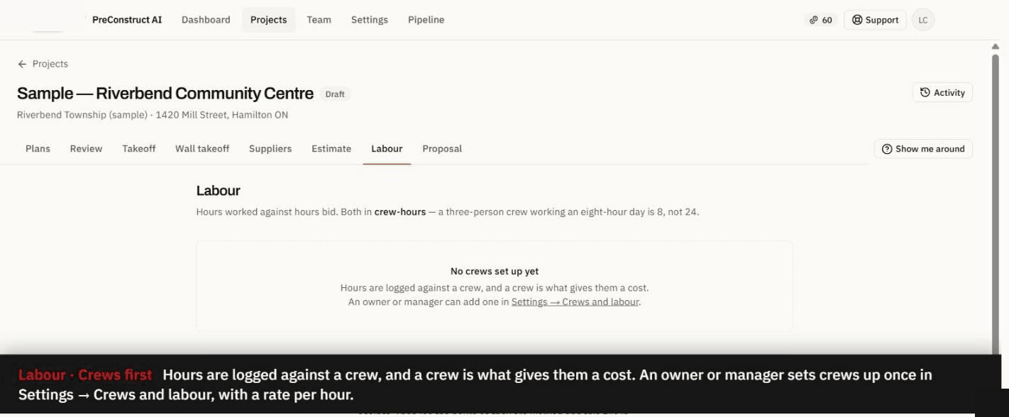 The Labour tab, with each control captioned as it is used