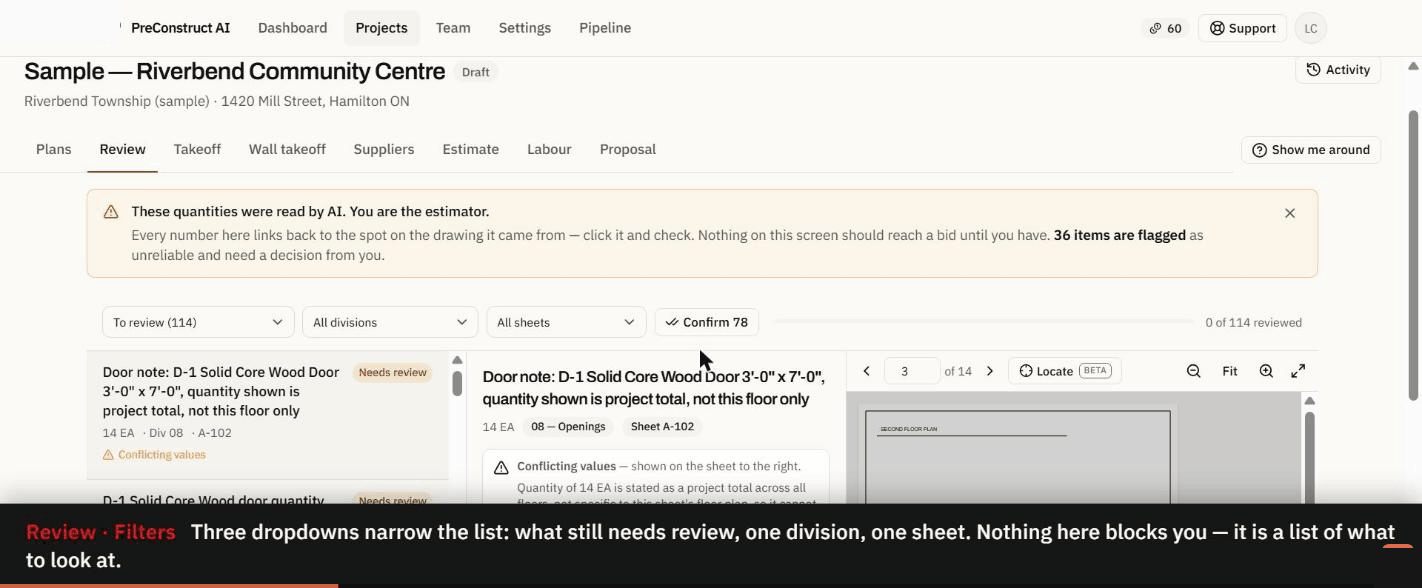 The Review tab, with each control captioned as it is used