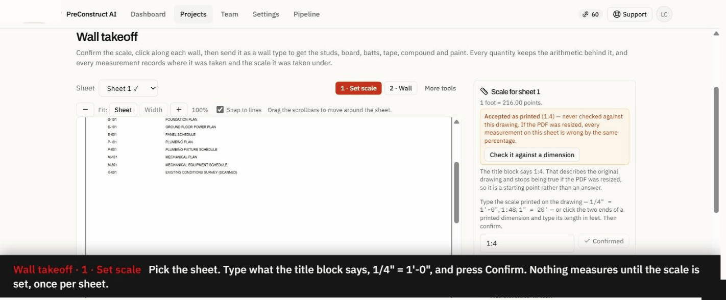 The Wall takeoff tab, with each control captioned as it is used